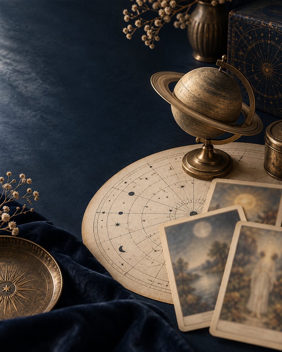 Composizione simbolica con Saturno, carte dei tarocchi e una carta astrologica